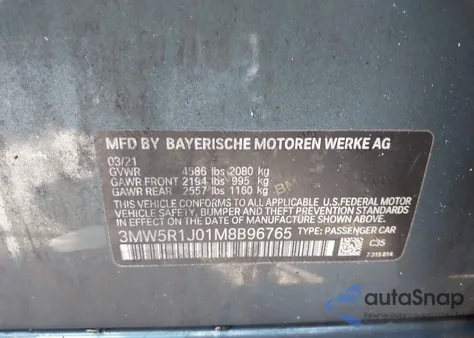 2021 BMW 330I from USA, damaged, VIN 3MW5R1J01M8B96765